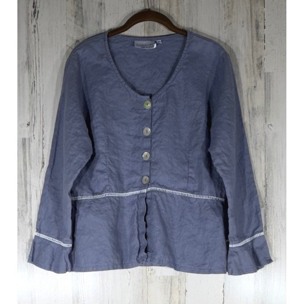 Goddess Gear Organic Linen Top Dusty Blue Peplum Button Front USA Beachy Coastal